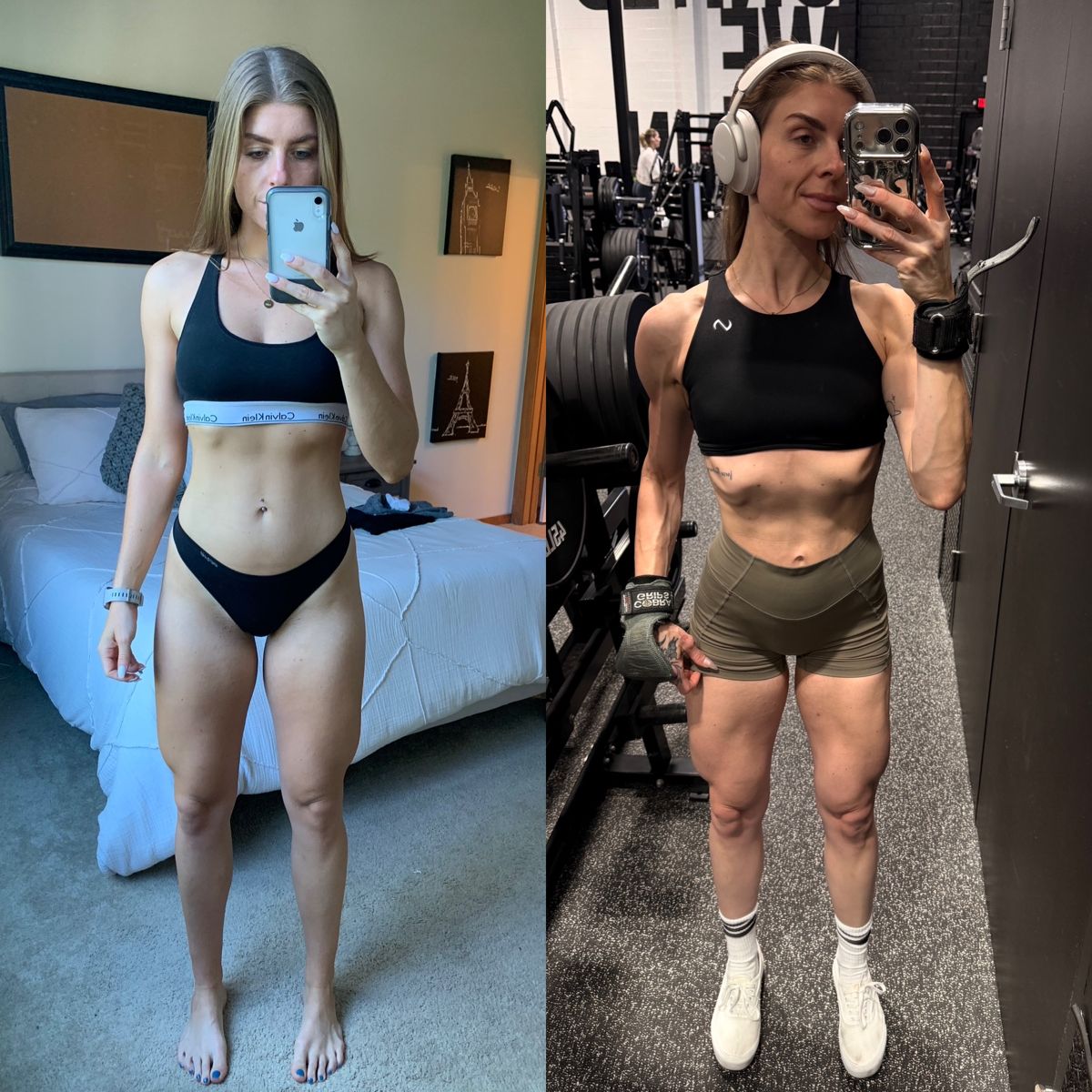 Madison before and after: a bedroom mirror photo from when she was training without a plan, and a recent gym photo